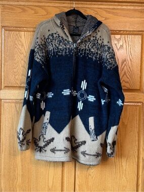 Vintage Otavalo Ecuador Hand-Made Wool Hooded Unisex Zip Jacket XL